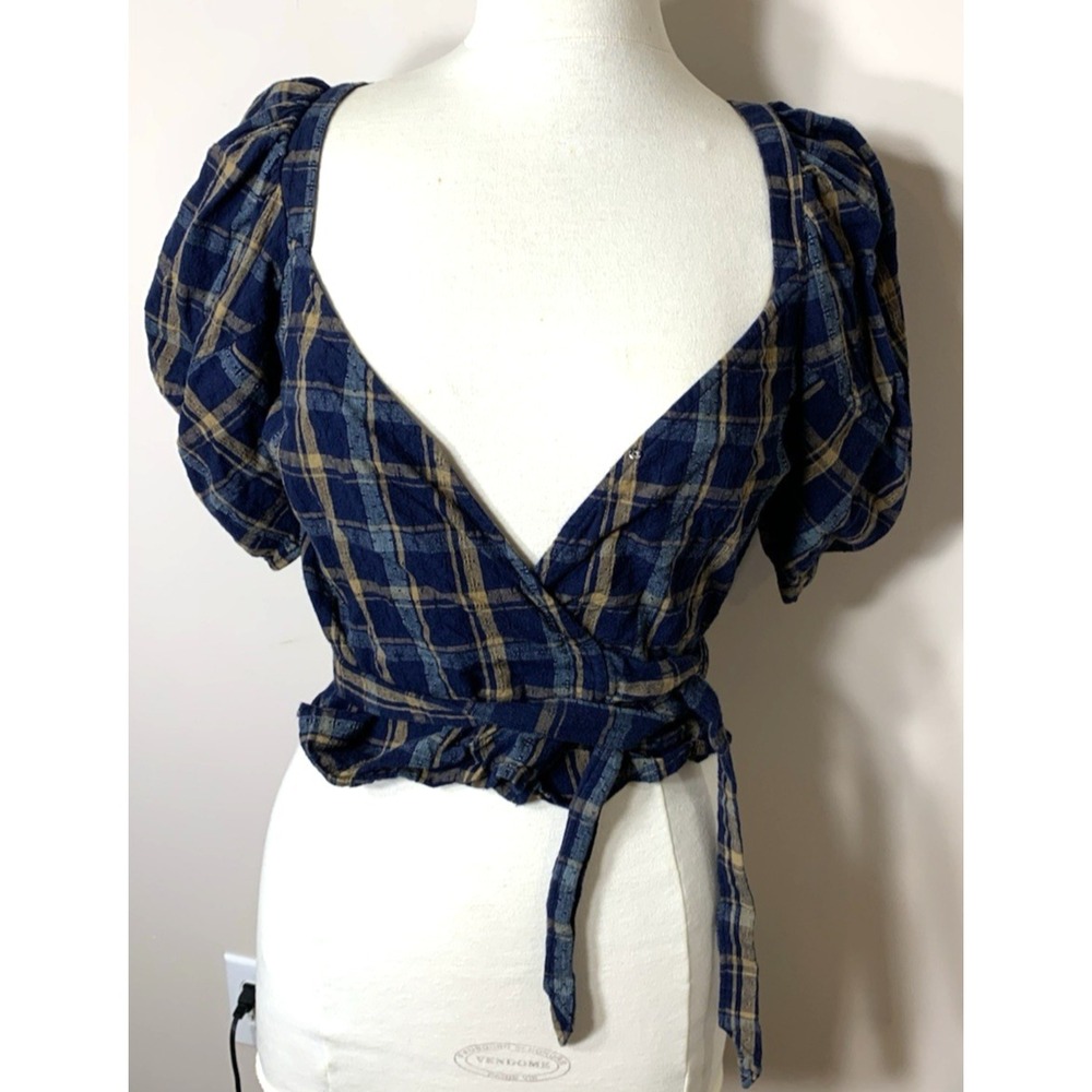 Madewell Sweetheart Wrap Top Womens XS Plaid Navy Blue Cotton Milkmaid Cottage